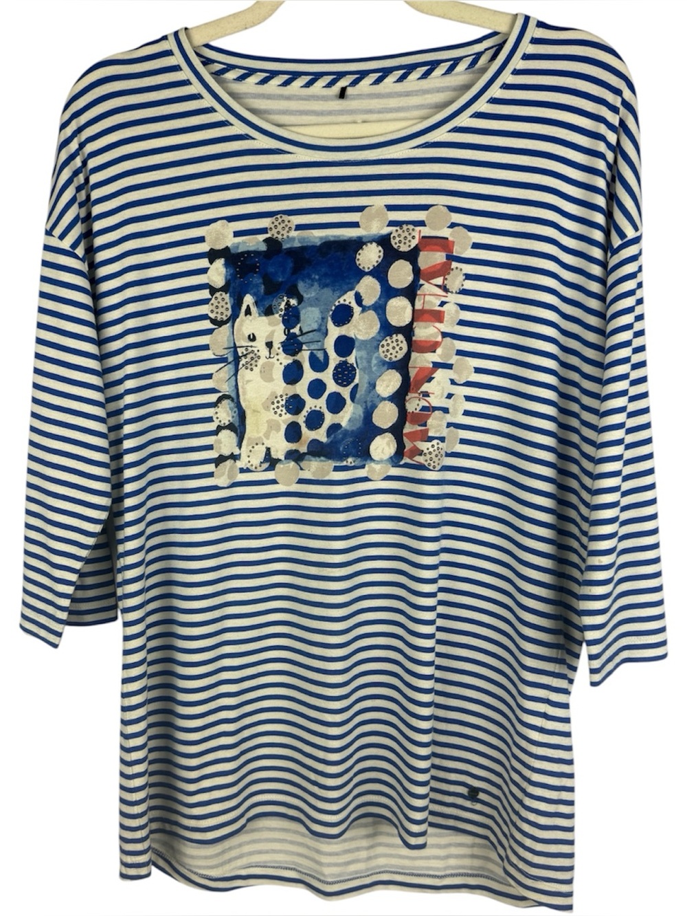 Olsen Eco Friendly Striped Cat Graphic Top 3/4 Sleeve Blue White